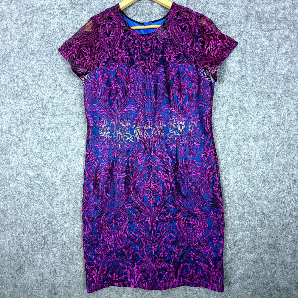 JS Collections Sheath Dress Women 16 Blue Purple Overlay Metallic Lace Shimme
